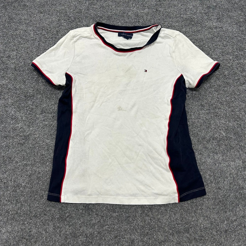 Tommy Hilfiger T-Shirt Womens Size S White Navy Red Cotton Athletic Trim Stain